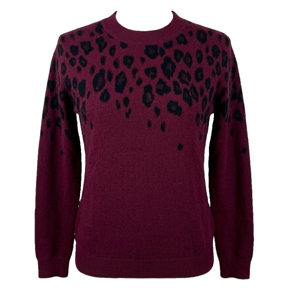 Saks Fifth Avenue Black Label Cashmere Leopard Print Crewneck Sweater S Burgundy